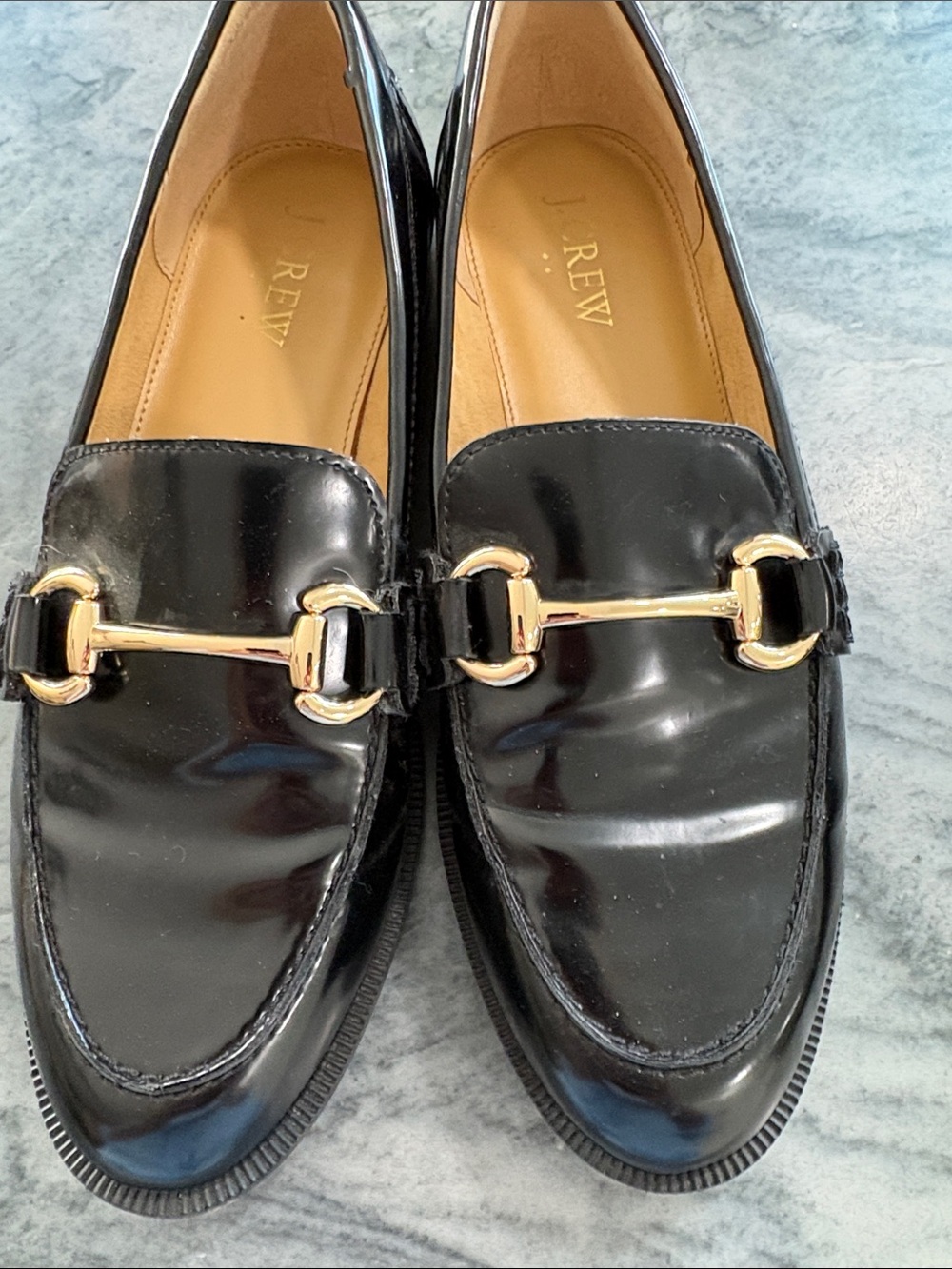 J. Crew Black Patent Leather Loafers with Gold Horsebit